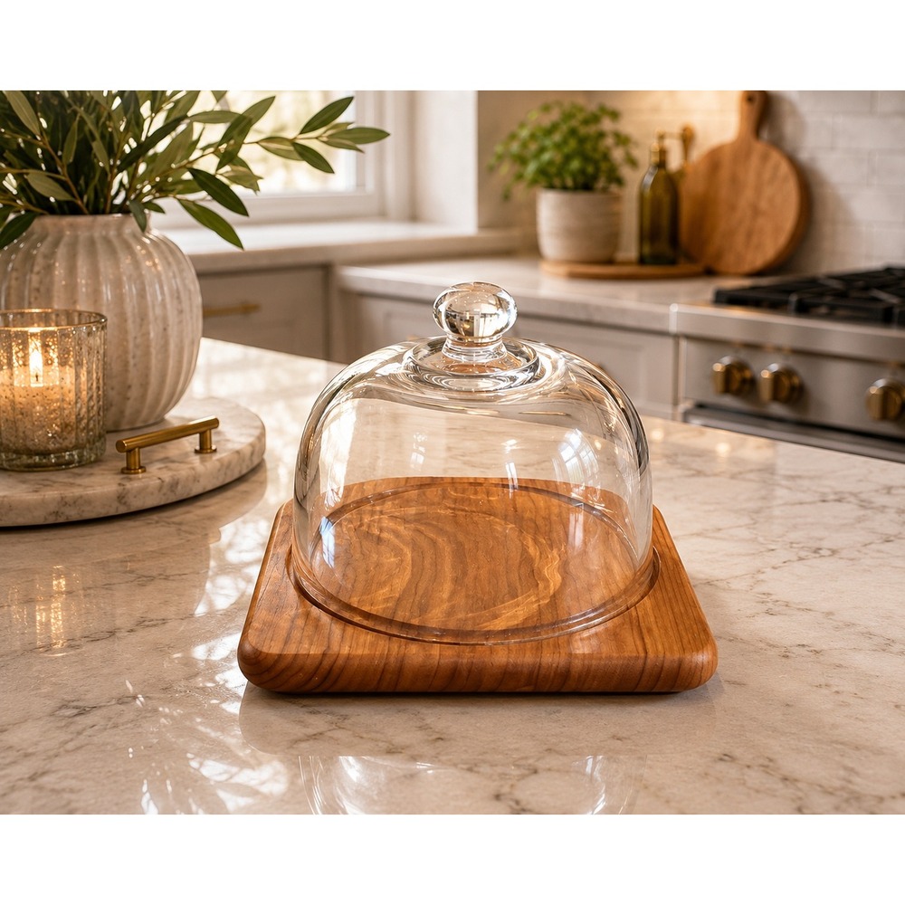 Goodwood Genuine Teak Wood Cheese Dome Glass Cloche Square Serving Board Vintage